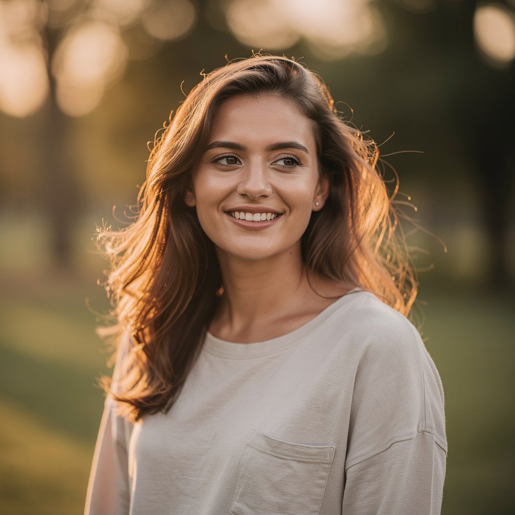 Lifestyle portrait in natural outdoor light, soft golden hour glow, authentic smile