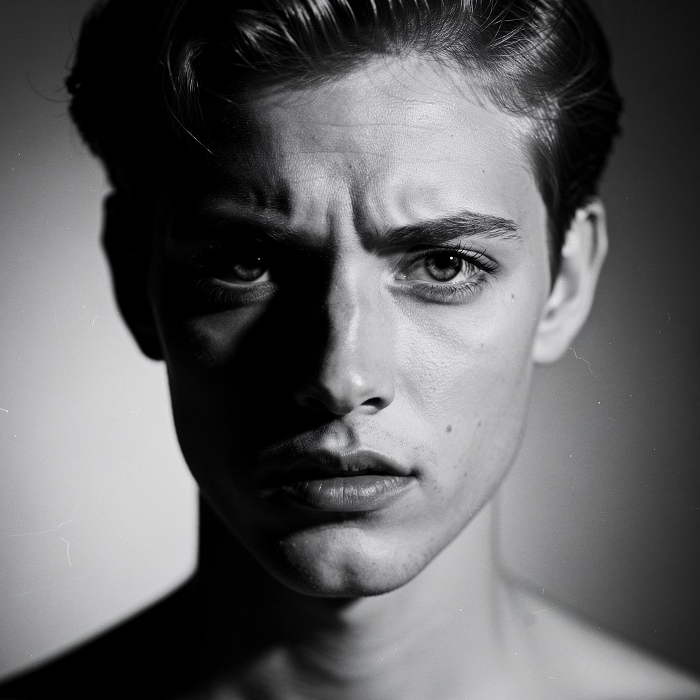 Black and white artistic portrait, high contrast, expressive emotion, timeless aesthetic