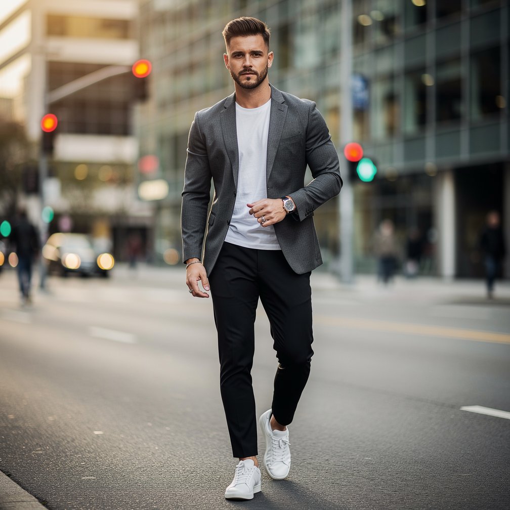 Modern fashion portrait of a man in stylish clothing, urban background, sharp focus, magazine style