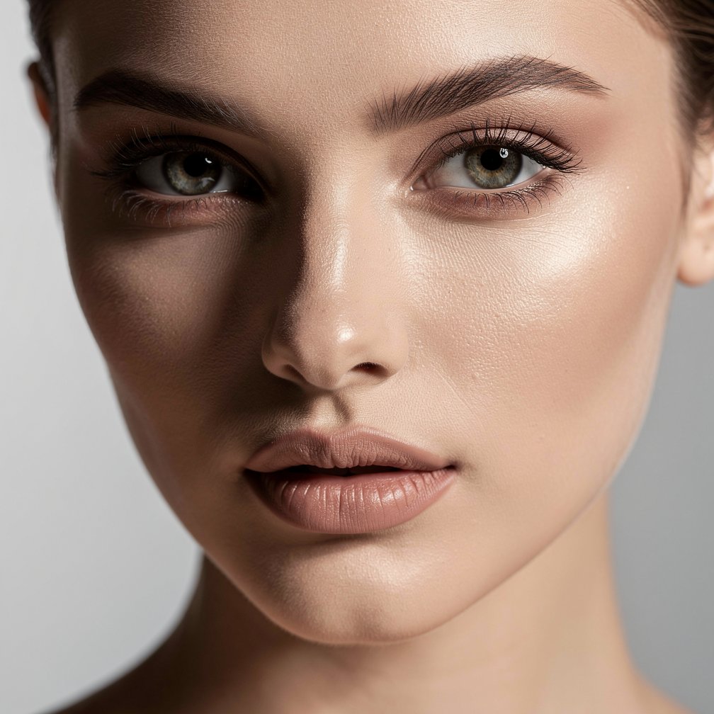 Close-up beauty portrait, perfect skin texture, dramatic lighting, professional studio setup