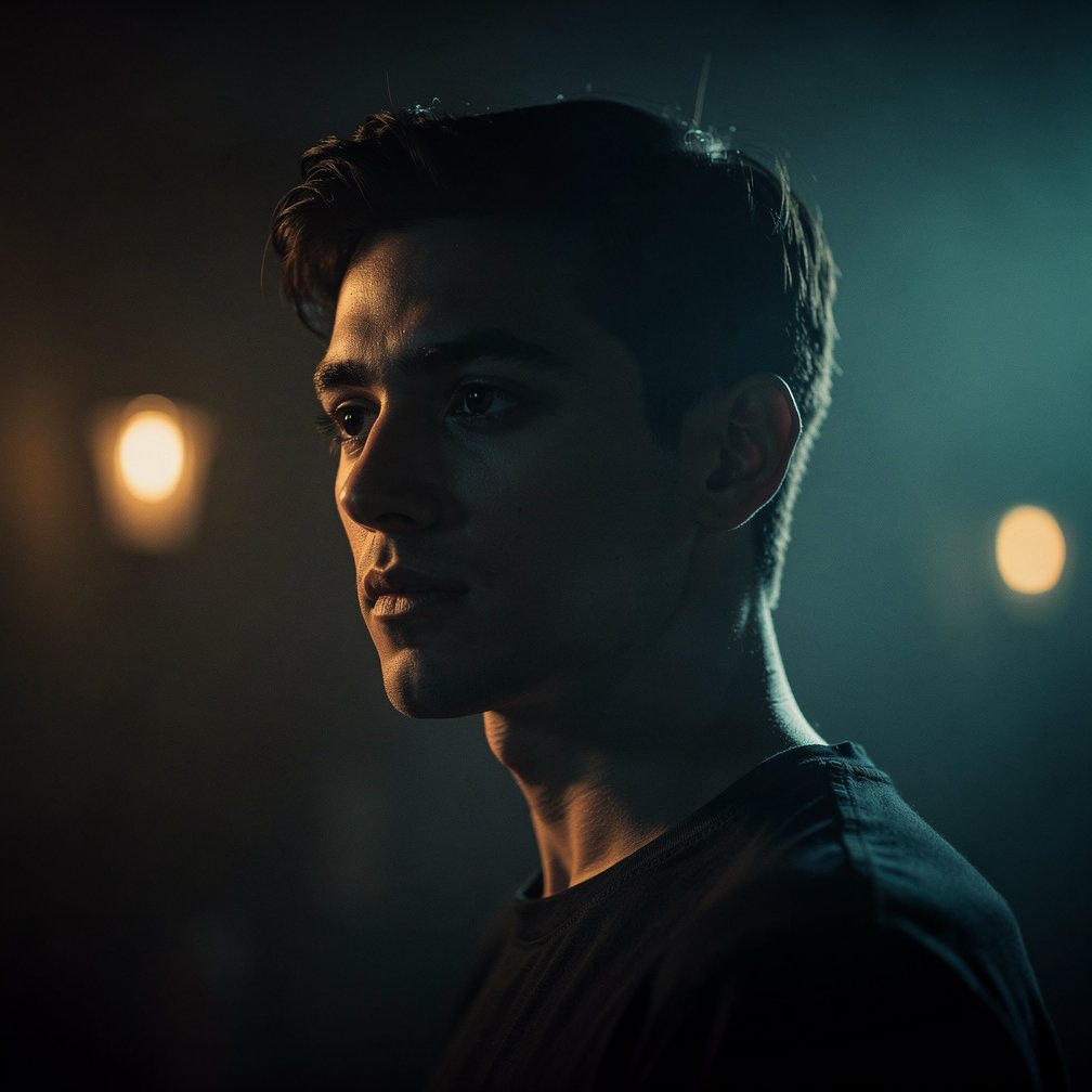 Cinematic portrait in low light, moody atmosphere, creative use of shadows and highlights