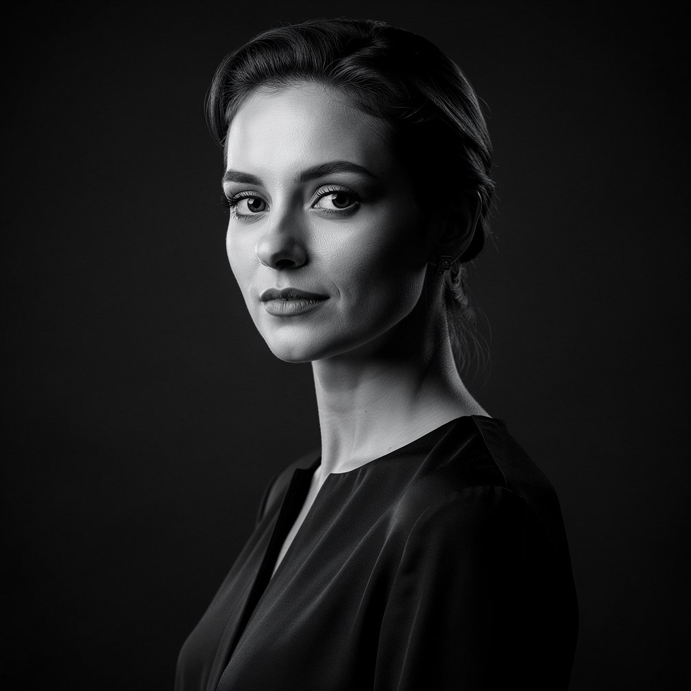 Professional black and white portrait of a woman, artistic lighting, high contrast, elegant mood
