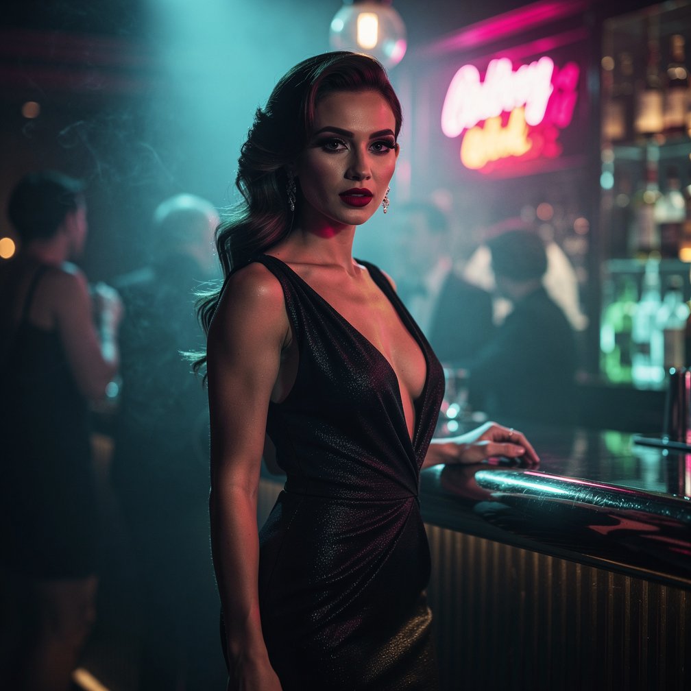 Cinematic glamour photography, mysterious woman in a night club setting, neon lights, sophisticated look