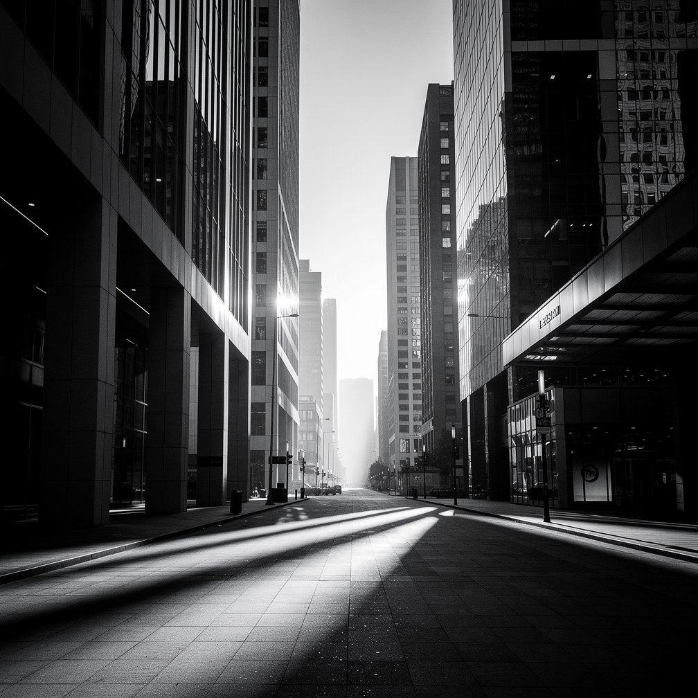 Artistic black and white photography of urban architecture, dramatic shadows, moody atmosphere