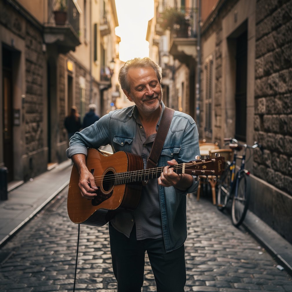 Street portrait of a musician playing guitar in a European alley, natural light, authentic emotions