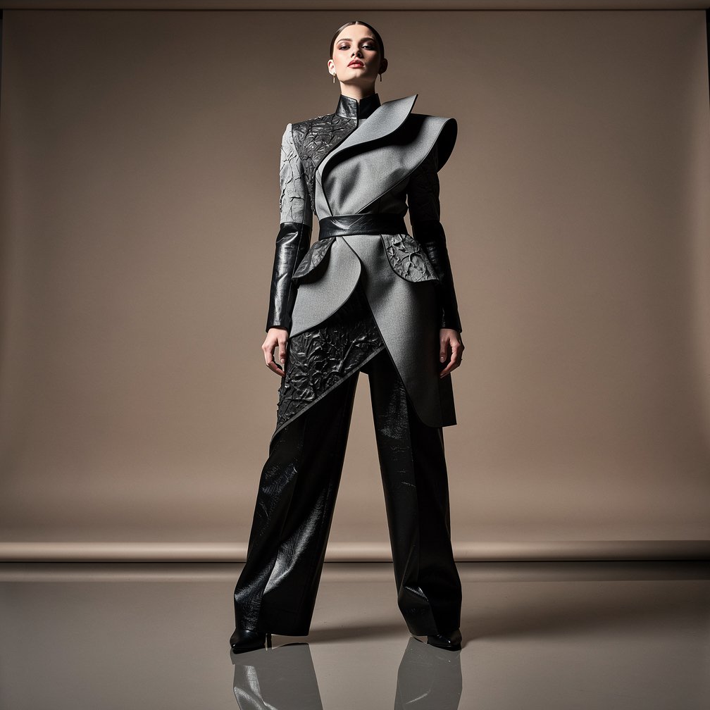 High-end fashion editorial photography, model in avant-garde outfit, luxury studio setting, sharp focus