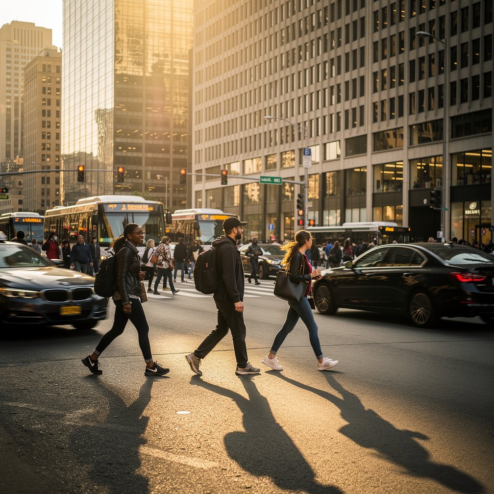 Candid street photography, busy city intersection, motion blur, urban life energy, high quality