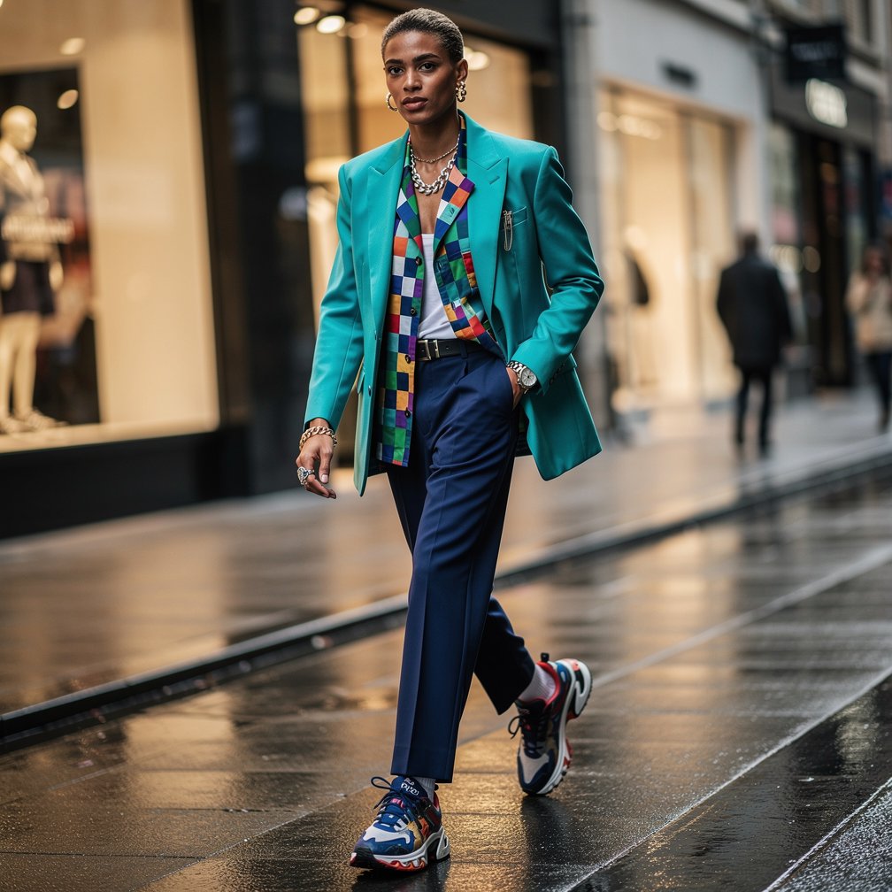 Modern fashion photography, street style model, vibrant colors, professional lighting, vogue style